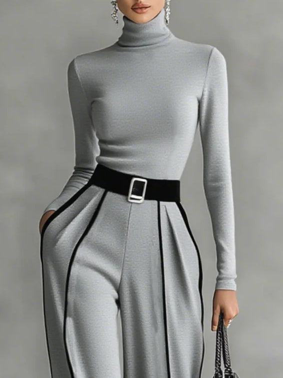 Carla | Long-sleeve high-neck top with white trim, wide-leg trousers, and belt