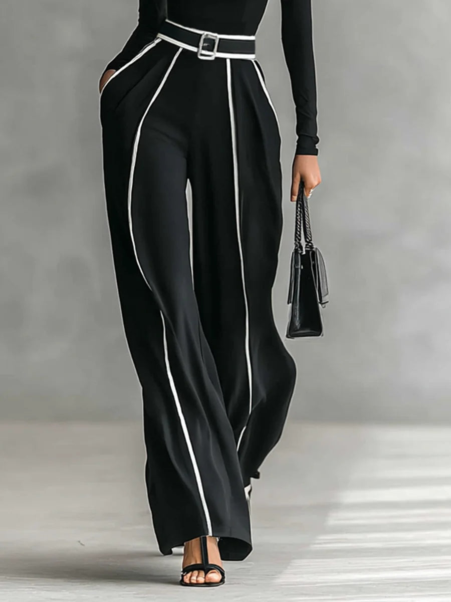 Carla | Long-sleeve high-neck top with white trim, wide-leg trousers, and belt