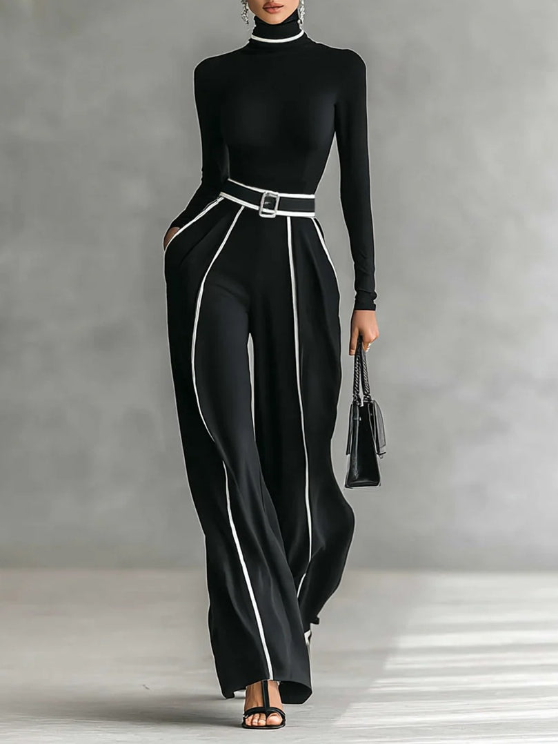 Carla | Long-sleeve high-neck top with white trim, wide-leg trousers, and belt