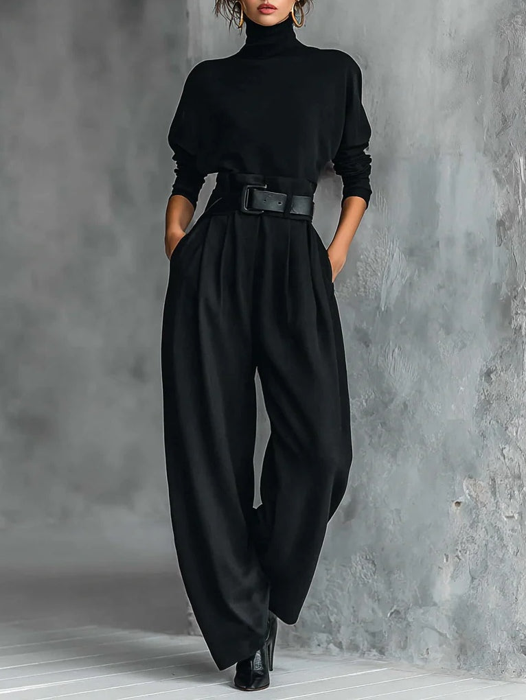 Marta | Black two-piece set with high neck and included belt