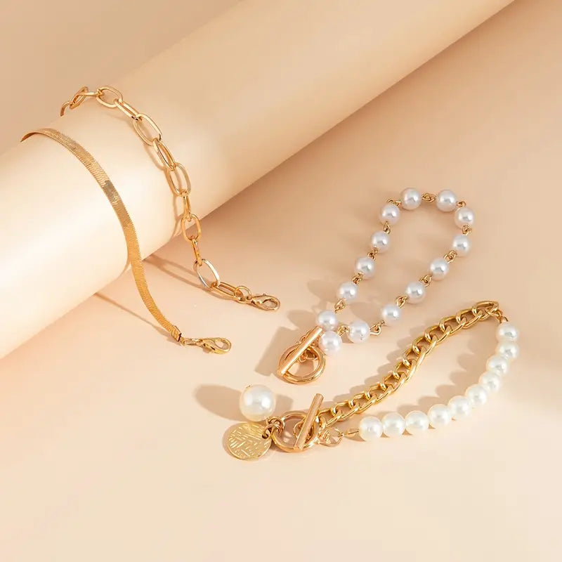 Chic Gold Bracelet Set of 4 – Snake, Beads and Links | Gold