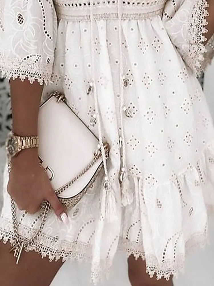 Women's Boho Mini Dress with Bell Sleeves and Embroidered Details
