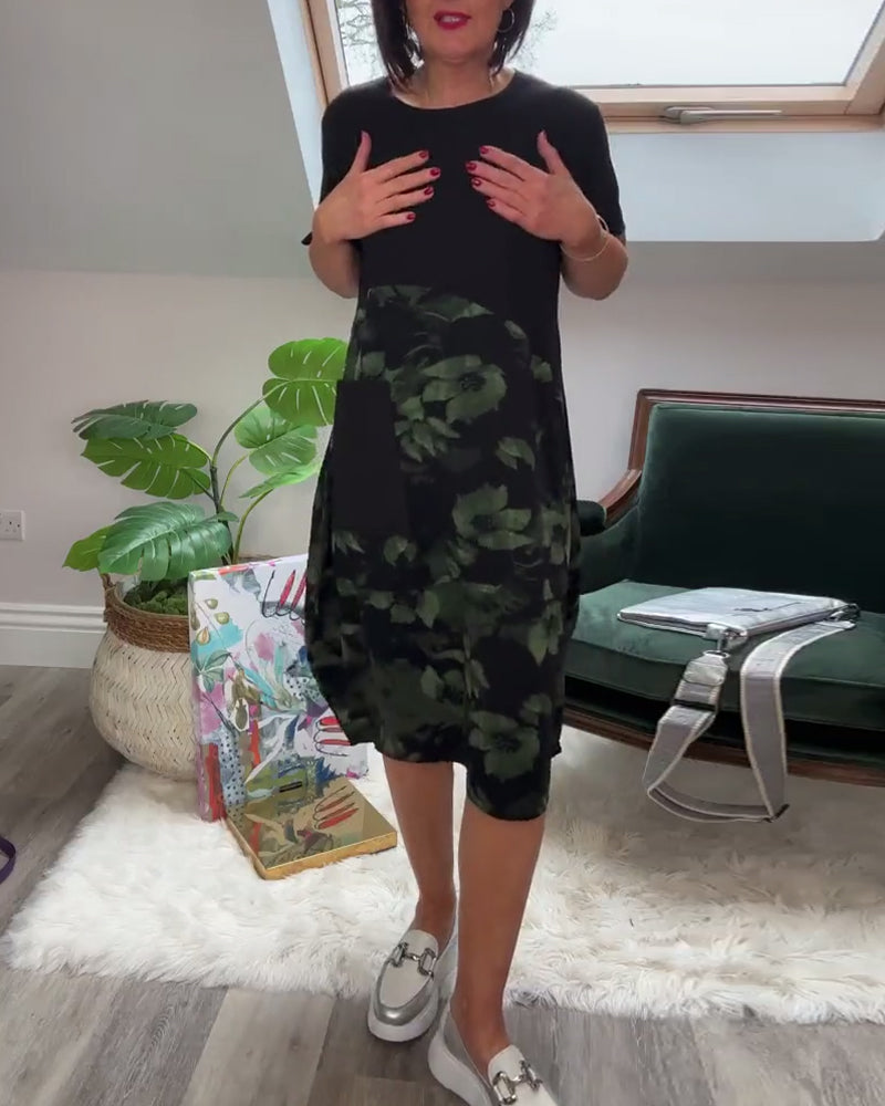 Floral Patchwork Dress with Round Neck