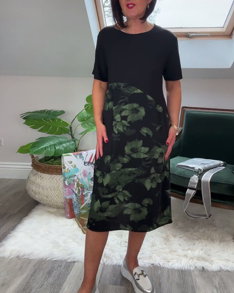Floral Patchwork Dress with Round Neck