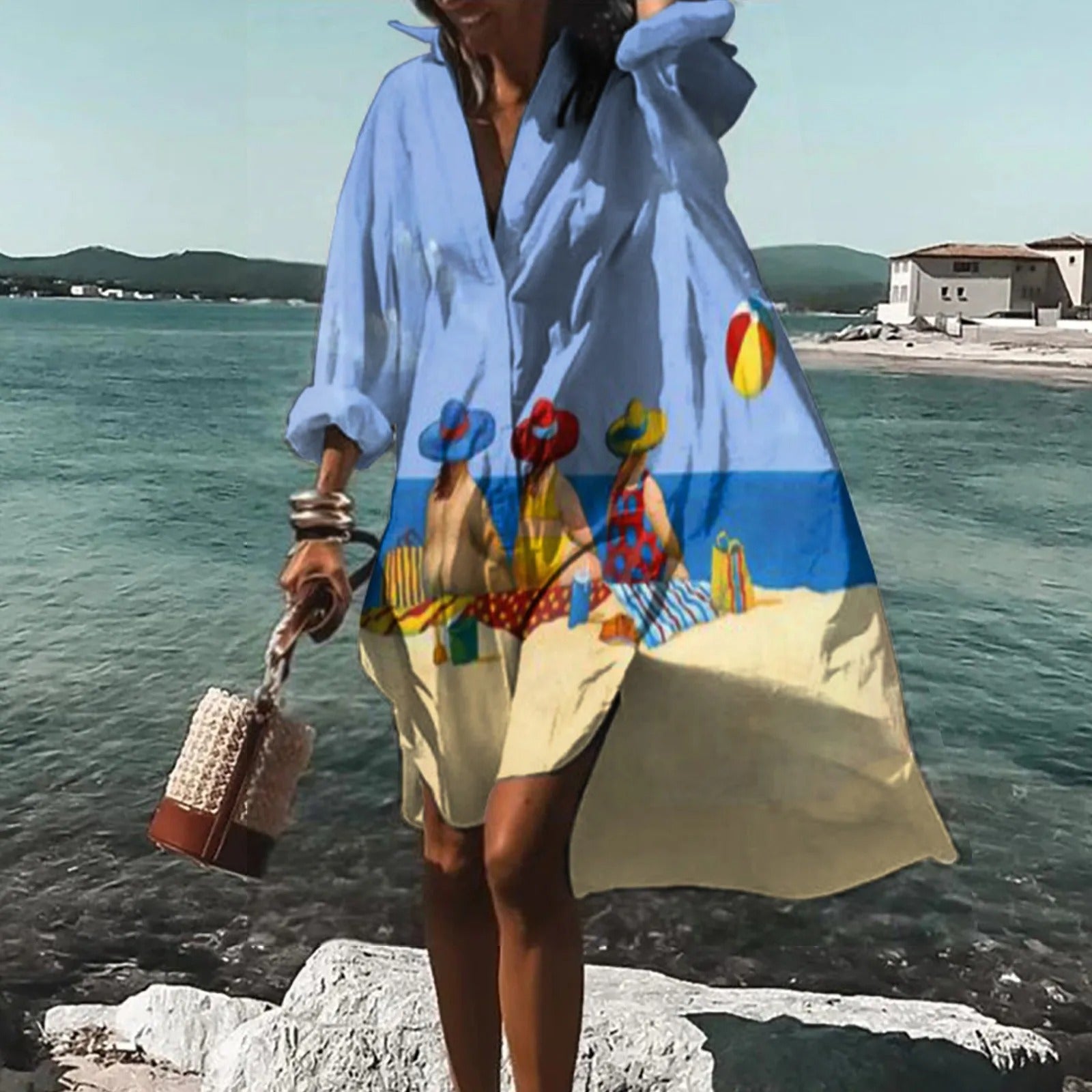 Women's Oversized Shirt Dress with Artistic Print and Button Front