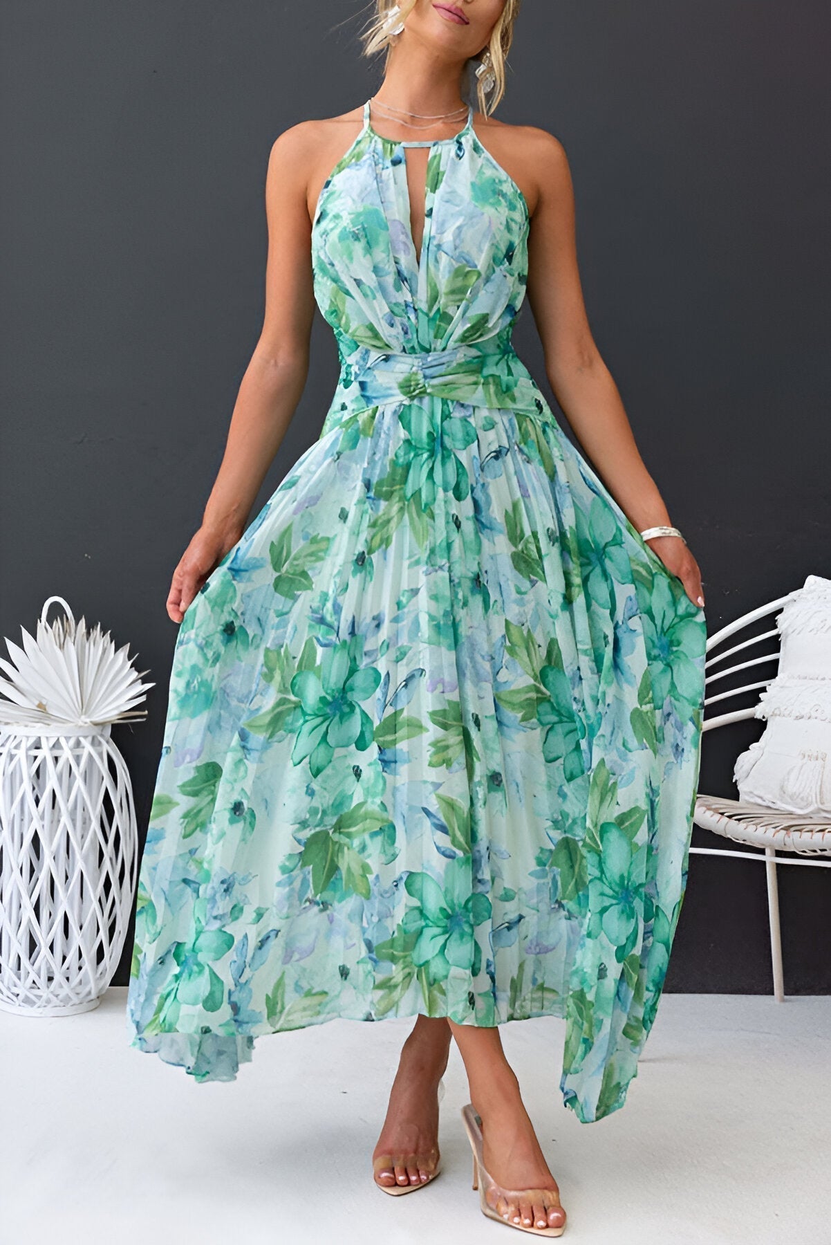 Women's Halter Maxi Dress with Pleated Waist and Watercolor Floral Print