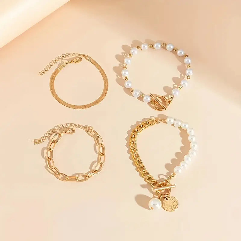 Chic Gold Bracelet Set of 4 – Snake, Beads and Links | Gold