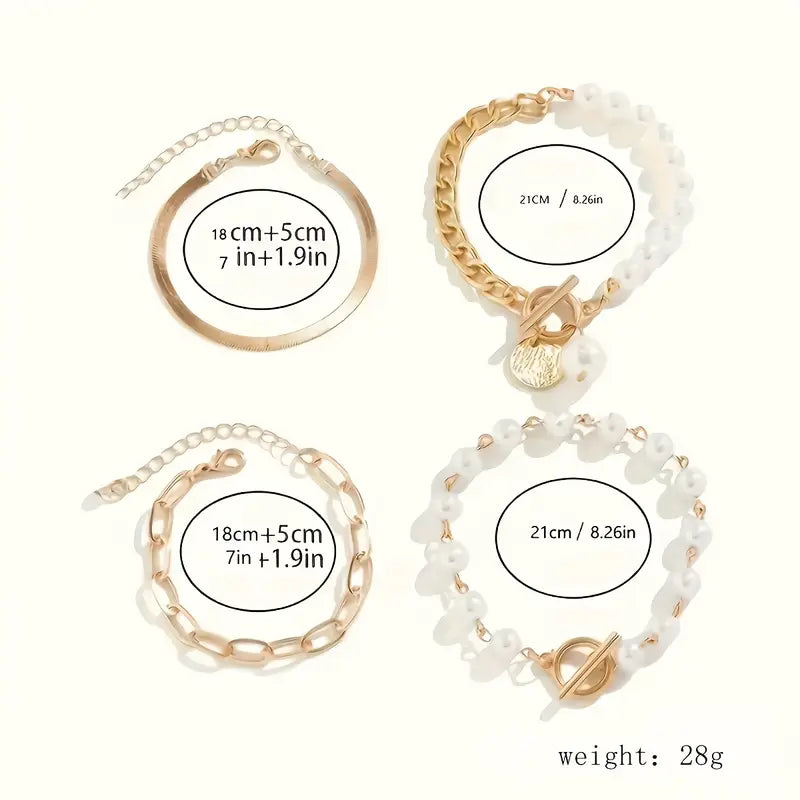 Chic Gold Bracelet Set of 4 – Snake, Beads and Links | Gold