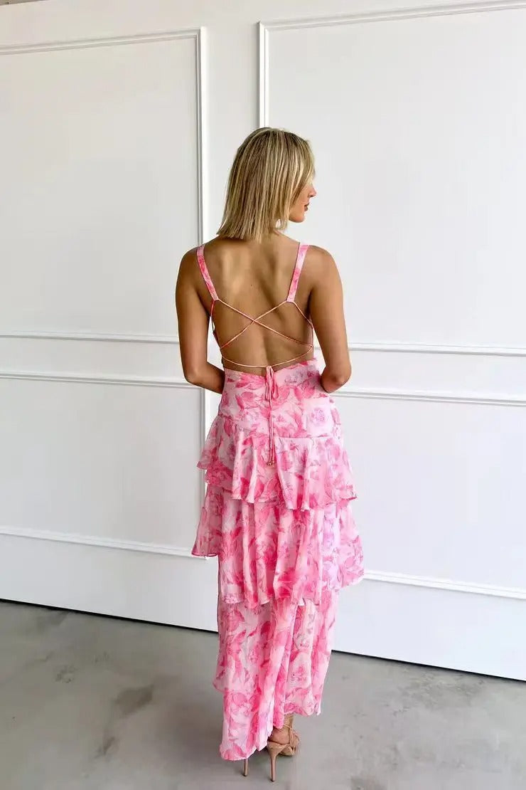 Women's Sleeveless Layered Maxi Dress with Deep V-Neck and Ruffle Hem