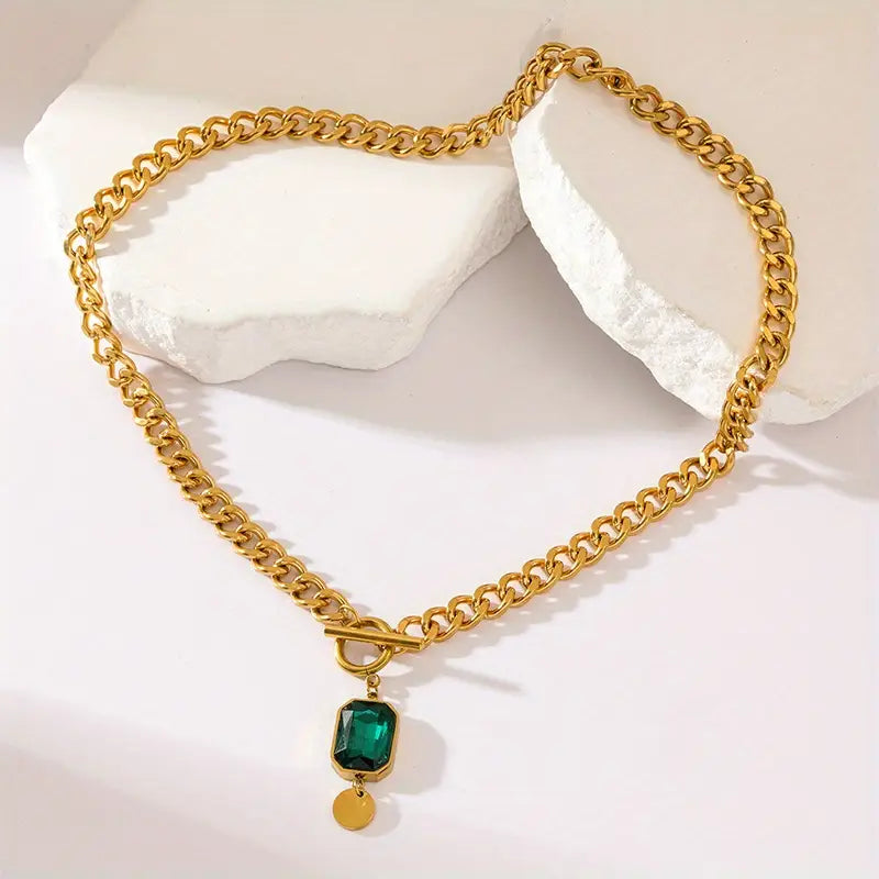 Thick Chain Pendant Necklace with Emerald | Gold
