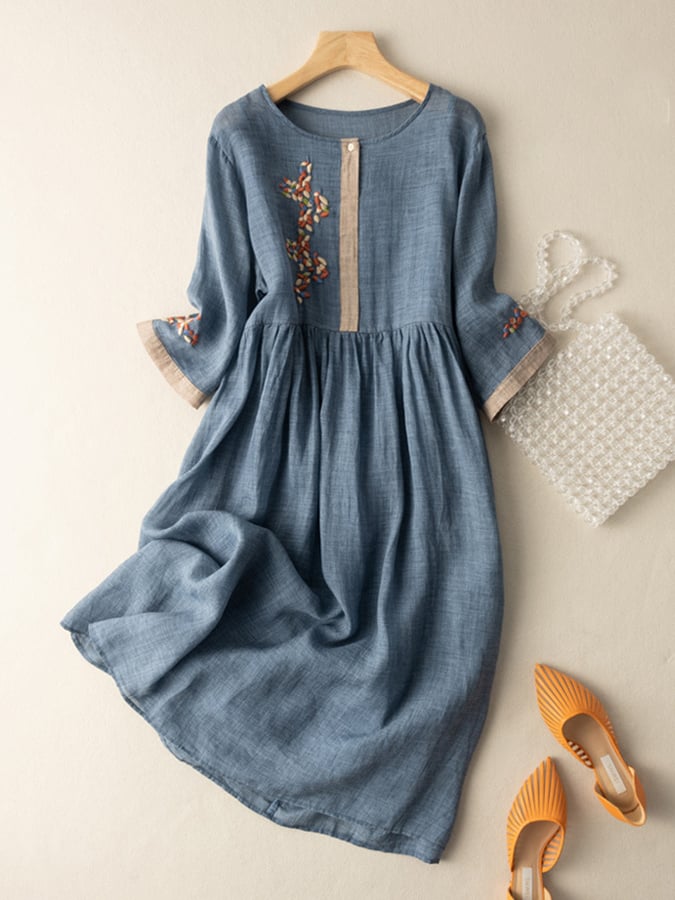 Zara Women's Dress – Cotton & Linen with Embroidery