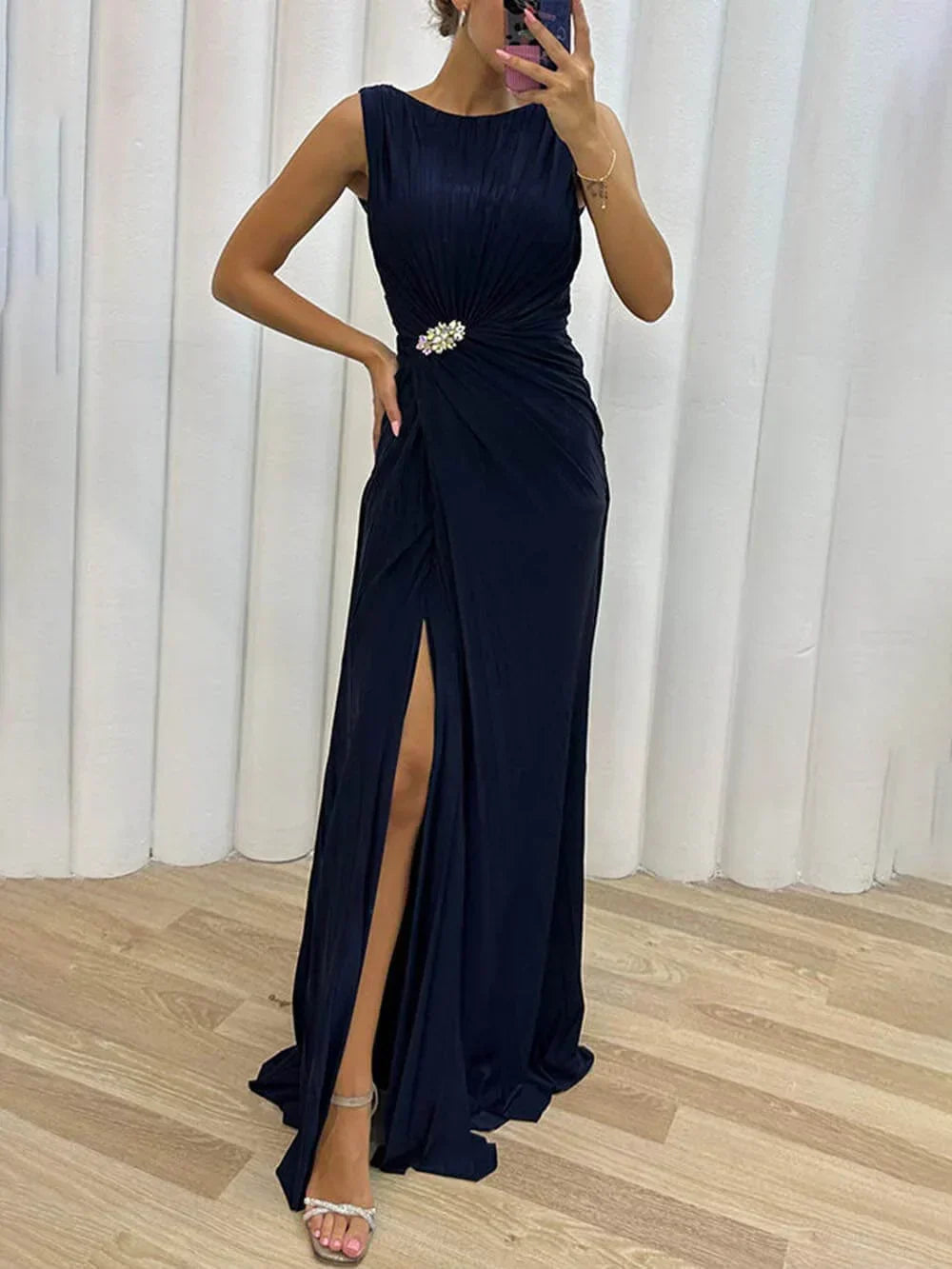 Women's Pleated Maxi Dress with High Slit and Pin Detail