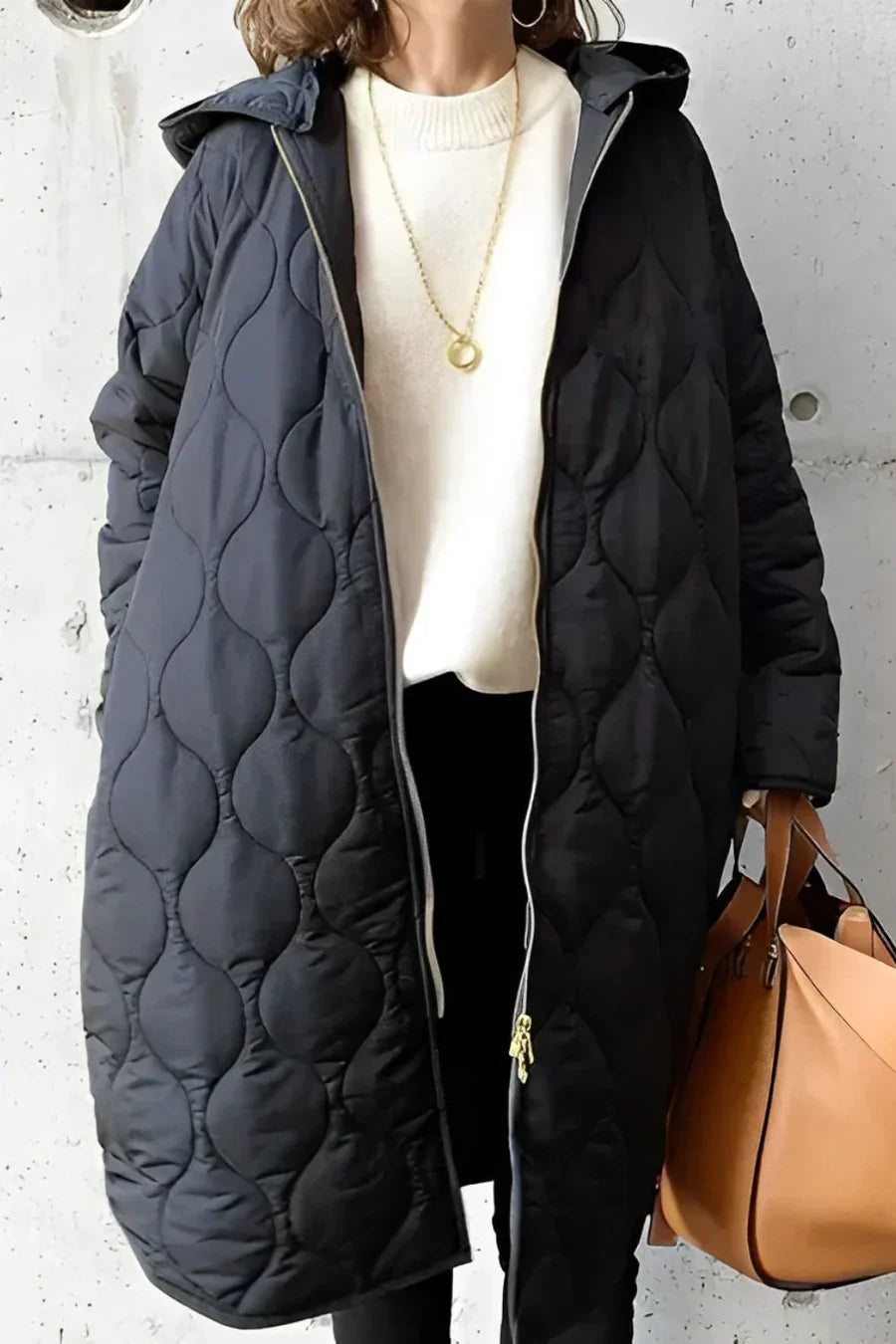 Women's Quilted Hooded Coat with Full Zip and Long Silhouette