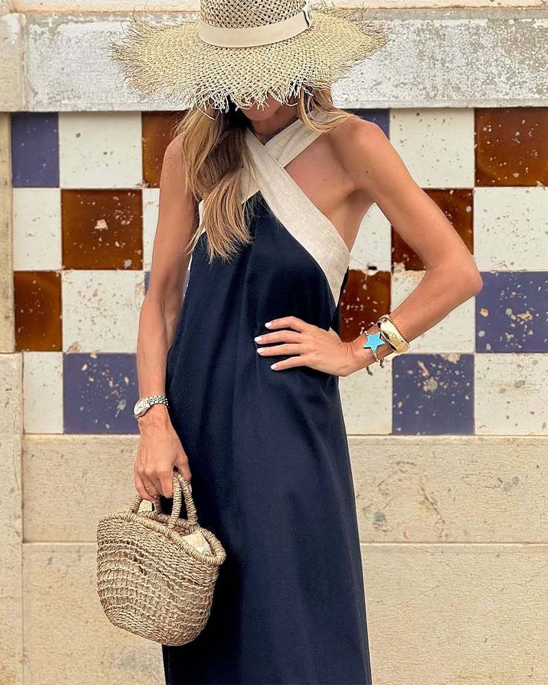 Women's Halter Neck Maxi Dress with Crisscross Strap Detail