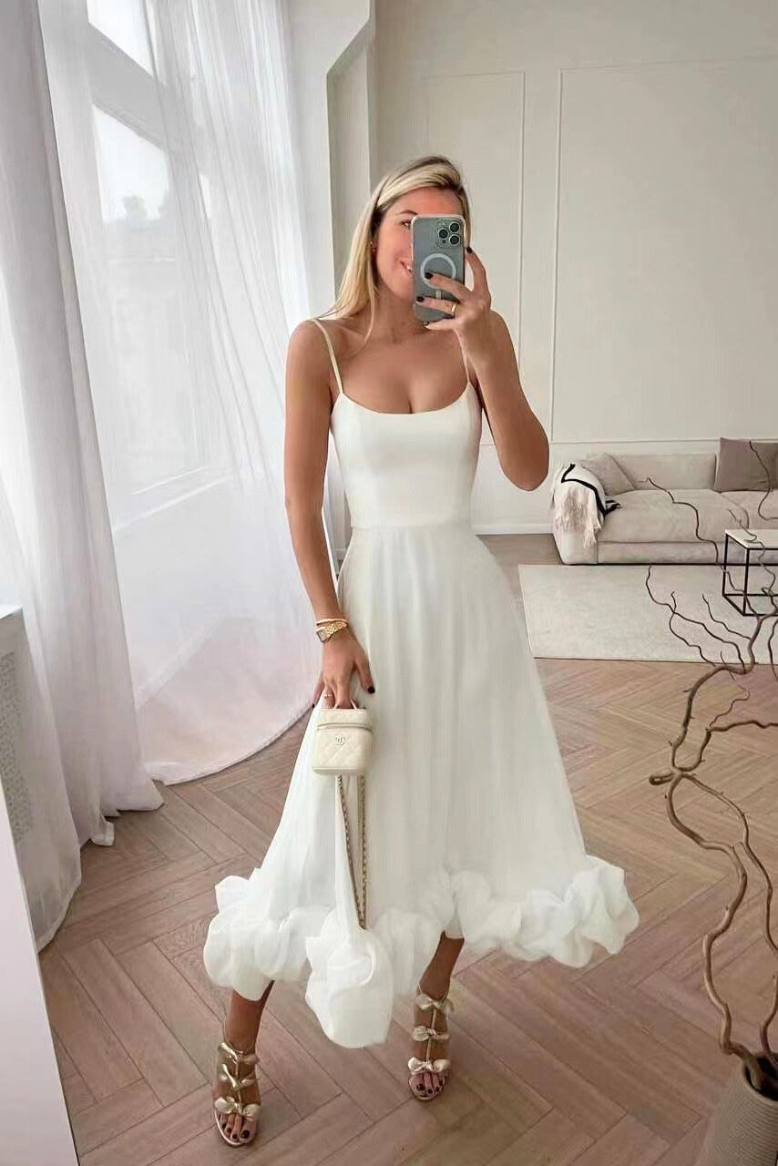 Women's Spaghetti Strap Maxi Dress with Flared Skirt and Ruffle Hem