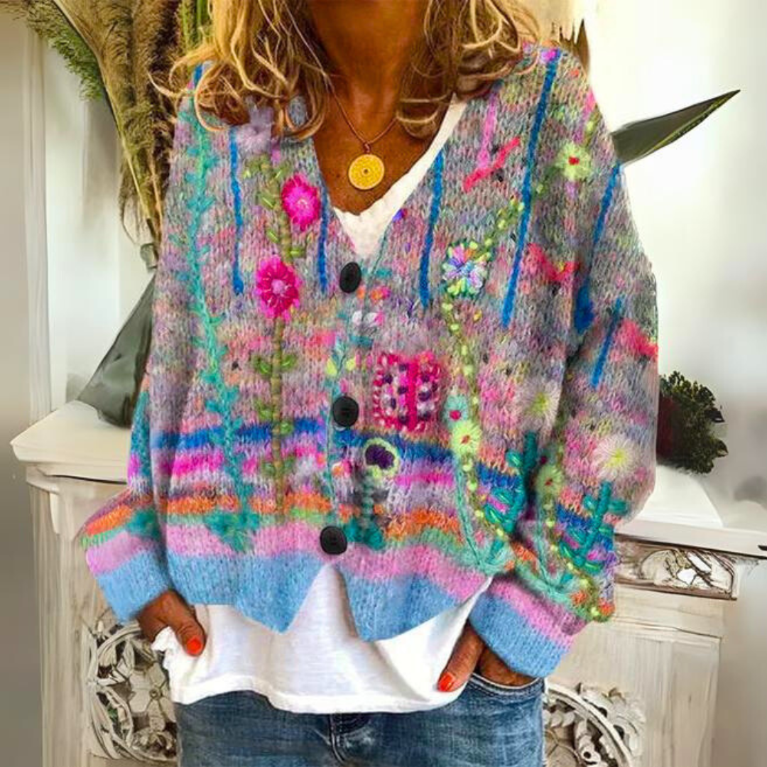 Elisa Bohemian Cardigan – Multicoloured Cardigan with Floral Embroidery and Loose Fit