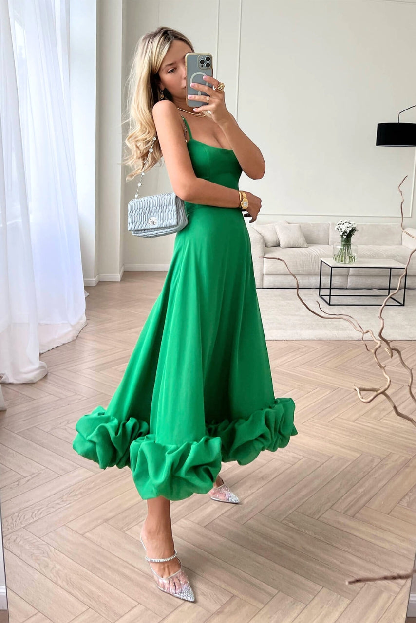Women's Spaghetti Strap Maxi Dress with Flared Skirt and Ruffle Hem