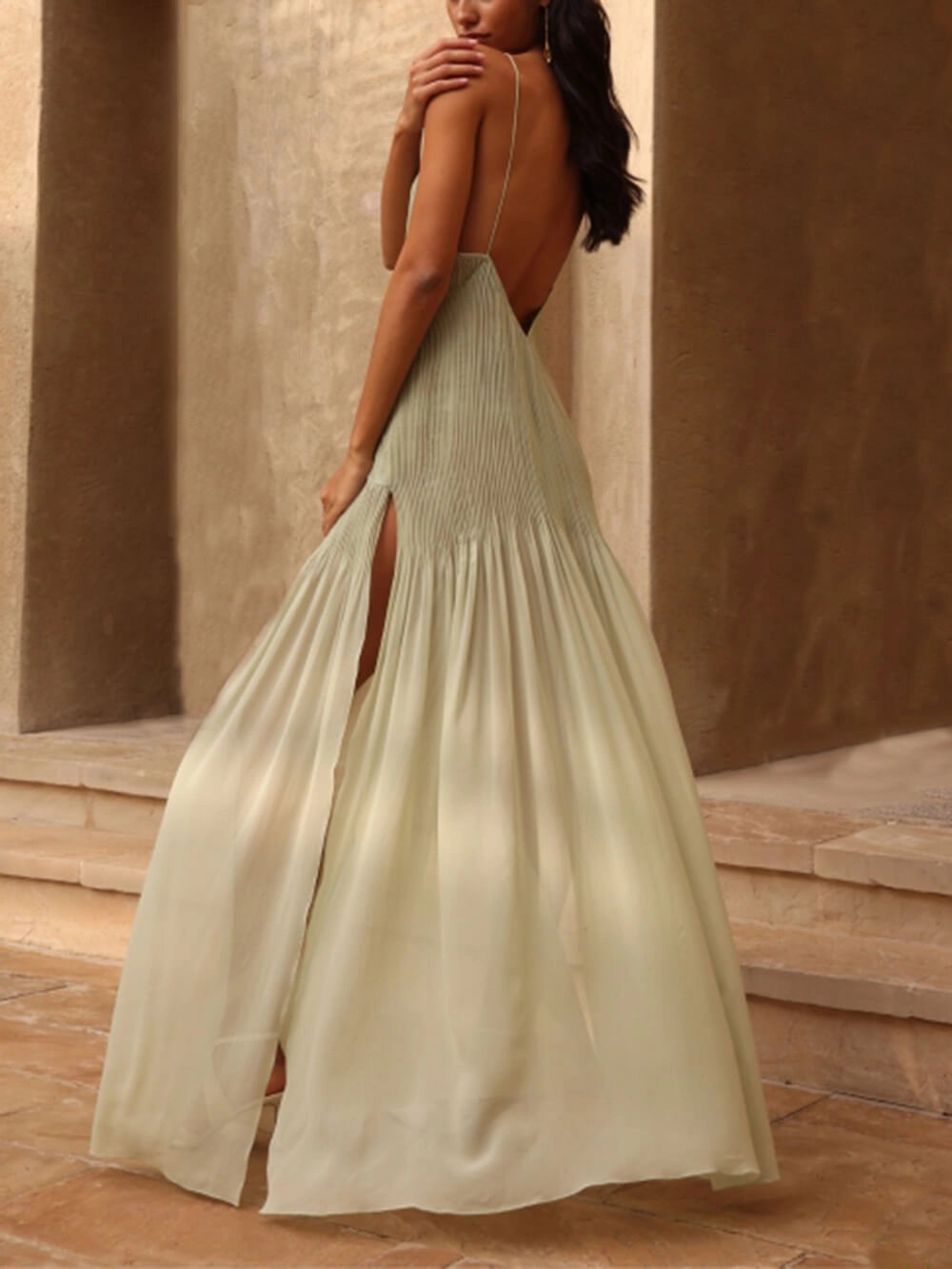 Women's Pleated Spaghetti Strap Maxi Dress with Back Slit Detail