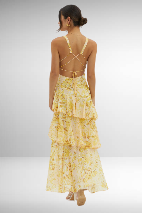 Women's Sleeveless Layered Maxi Dress with Deep V-Neck and Ruffle Hem