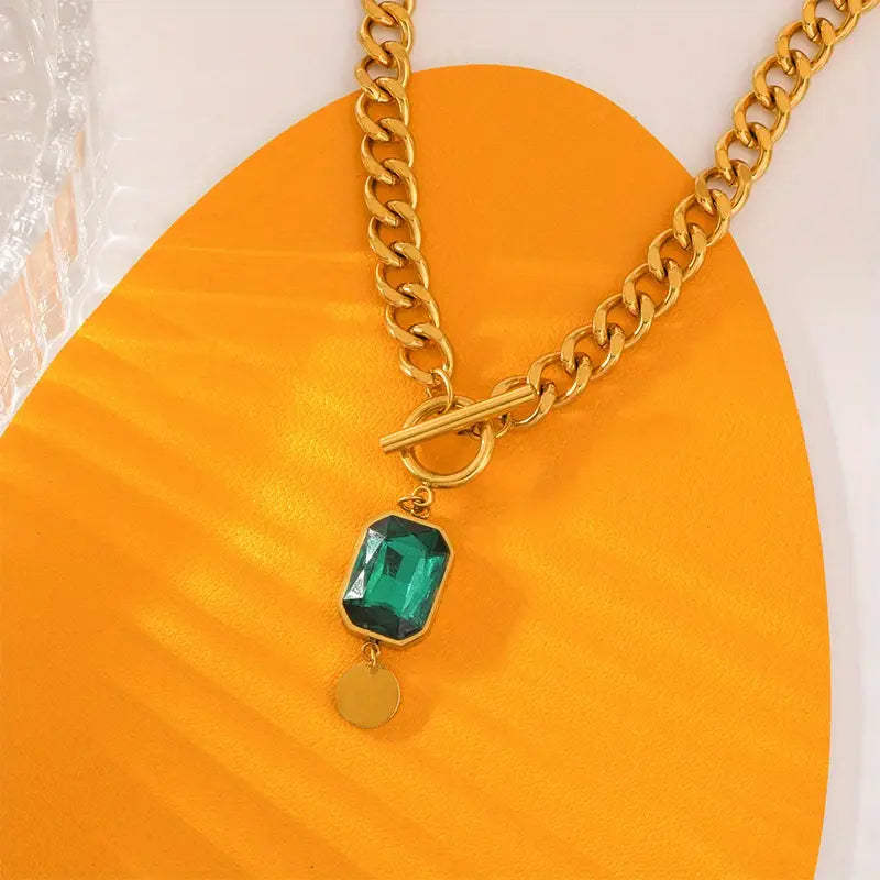 Thick Chain Pendant Necklace with Emerald | Gold