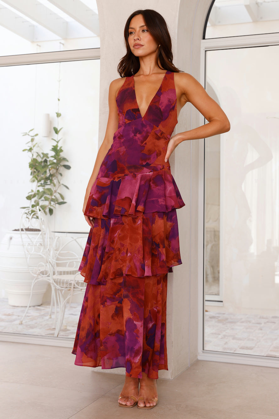 Women's Sleeveless Layered Maxi Dress with Deep V-Neck and Ruffle Hem