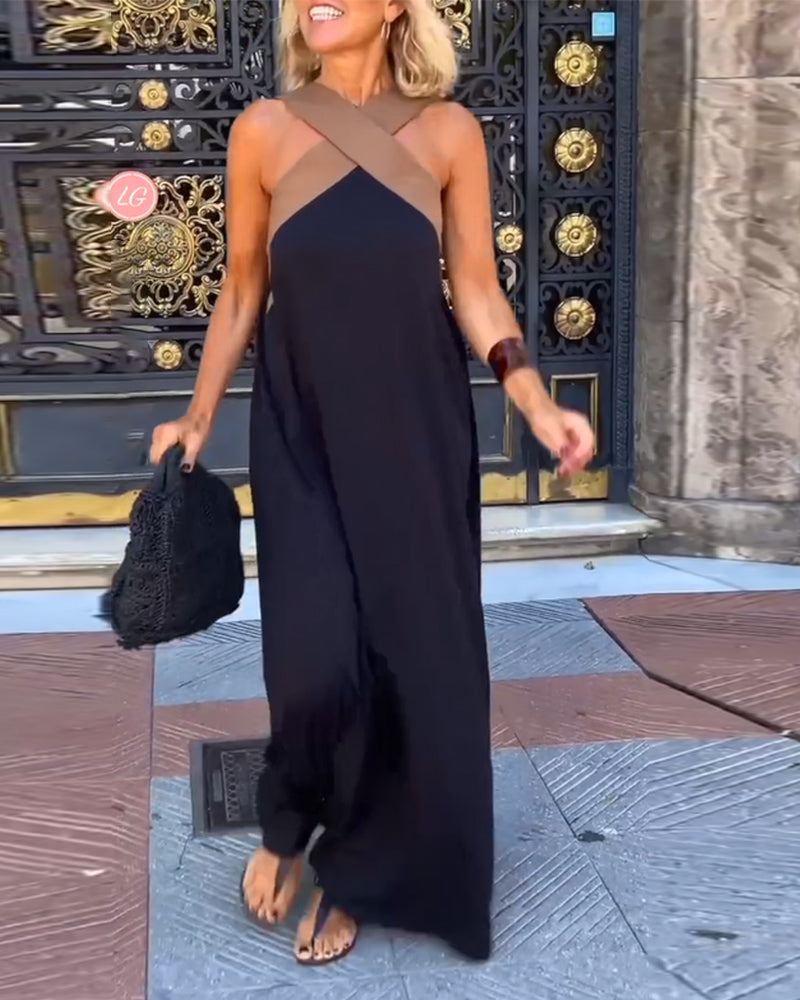 Women's Halter Neck Maxi Dress with Crisscross Strap Detail