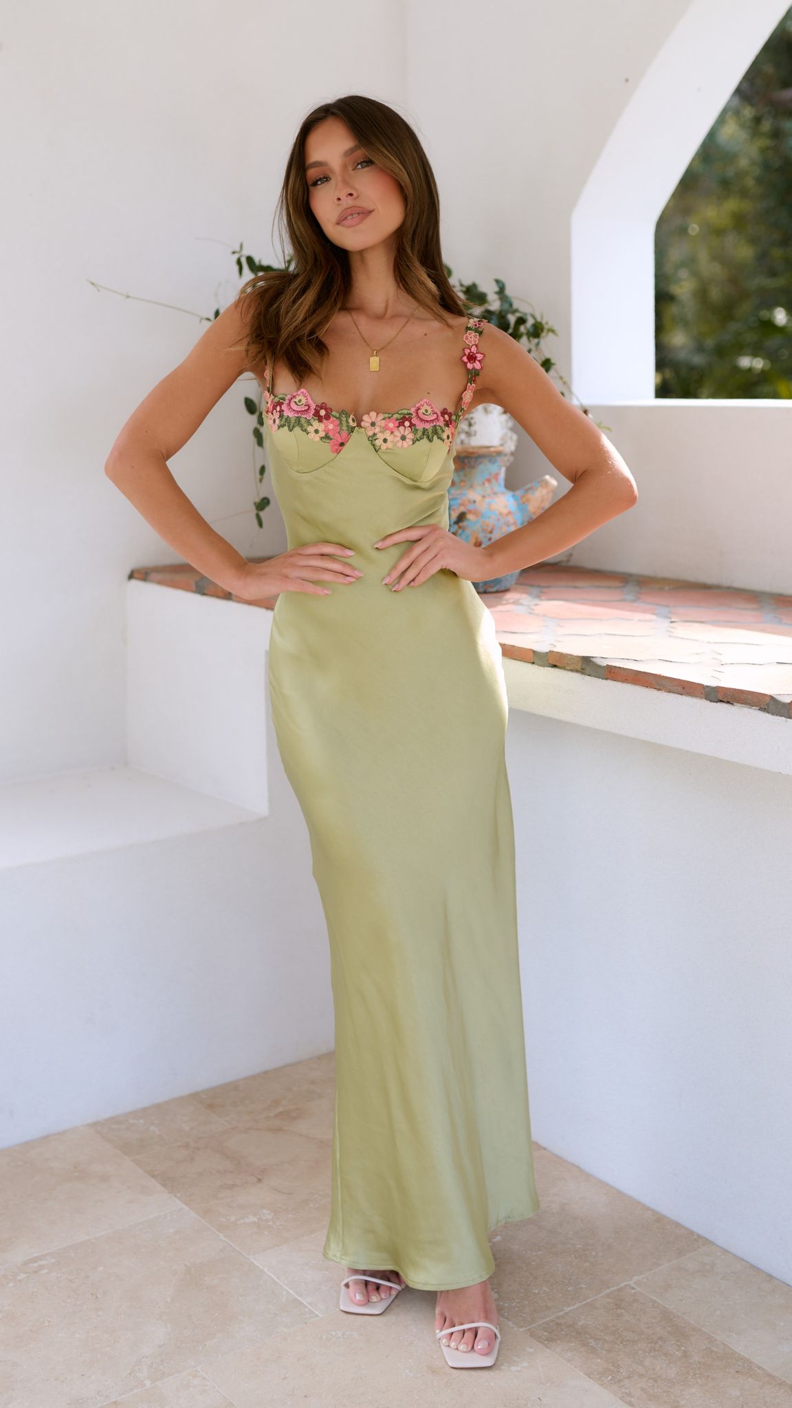 Women's Floral Strap Maxi Dress with Embroidered Bust Detail