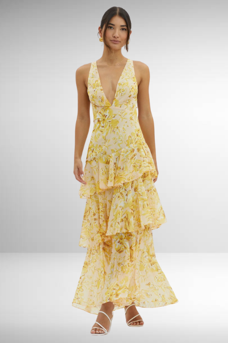 Women's Sleeveless Layered Maxi Dress with Deep V-Neck and Ruffle Hem