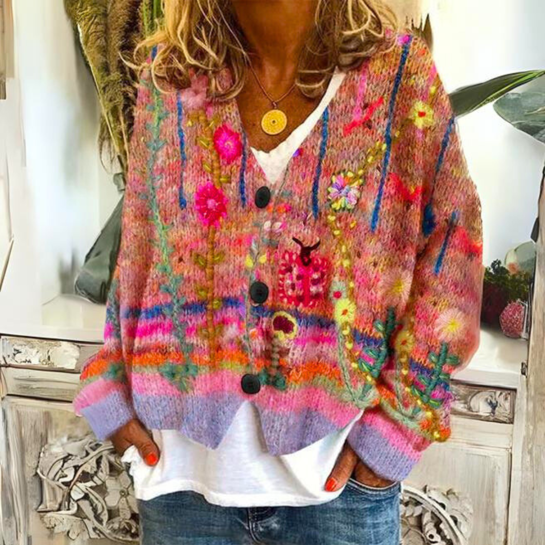 Elisa Bohemian Cardigan – Multicoloured Cardigan with Floral Embroidery and Loose Fit