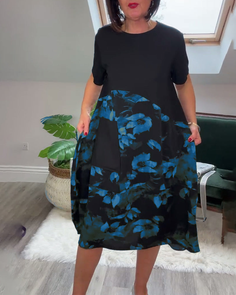 Floral Patchwork Dress with Round Neck