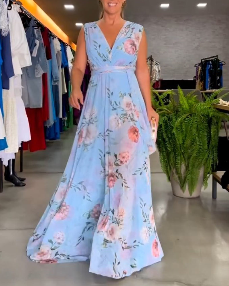 Women's Floral V-Neck Sleeveless Maxi Dress