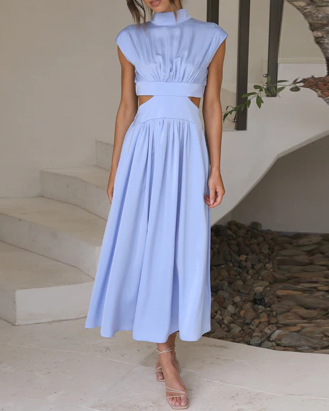 Women's Sleeveless Pleated Midi Dress with Stand Collar