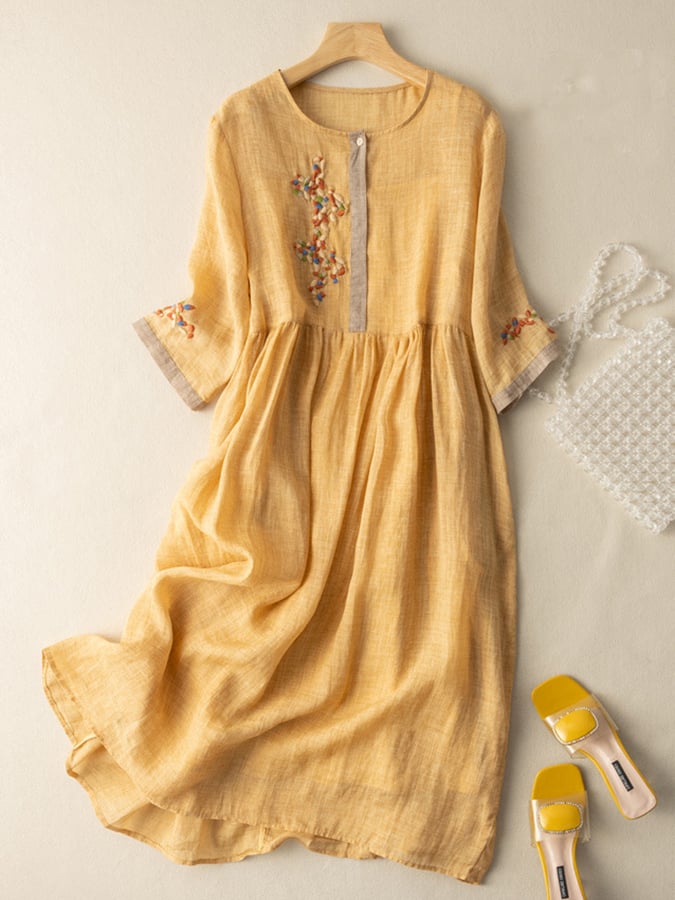 Zara Women's Dress – Cotton & Linen with Embroidery