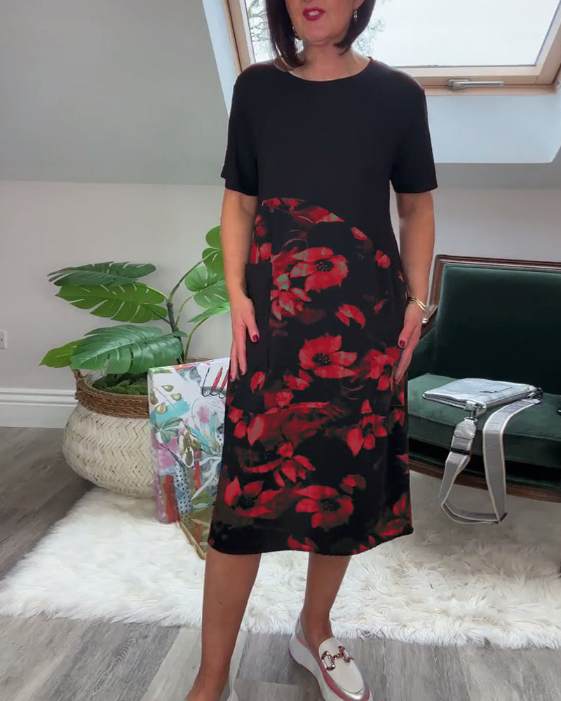 Floral Patchwork Dress with Round Neck