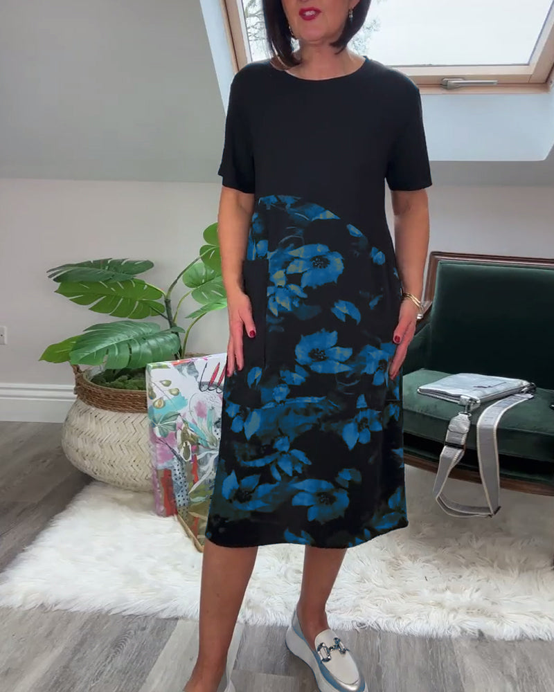 Floral Patchwork Dress with Round Neck