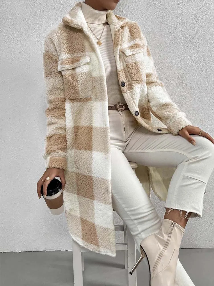 Women's Long Plaid Teddy Fleece Coat with Button Front and Pockets