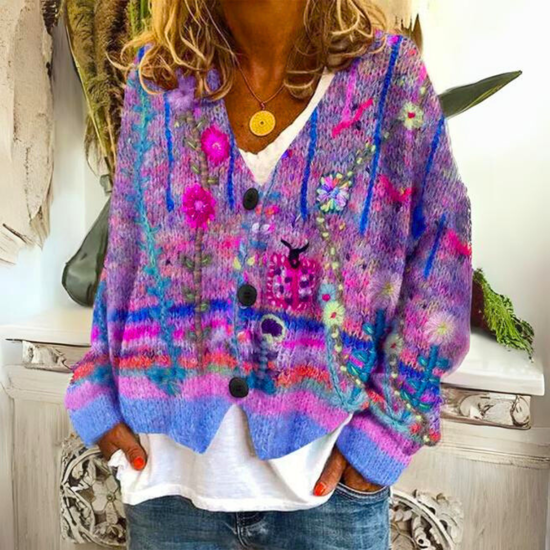 Elisa Bohemian Cardigan – Multicoloured Cardigan with Floral Embroidery and Loose Fit