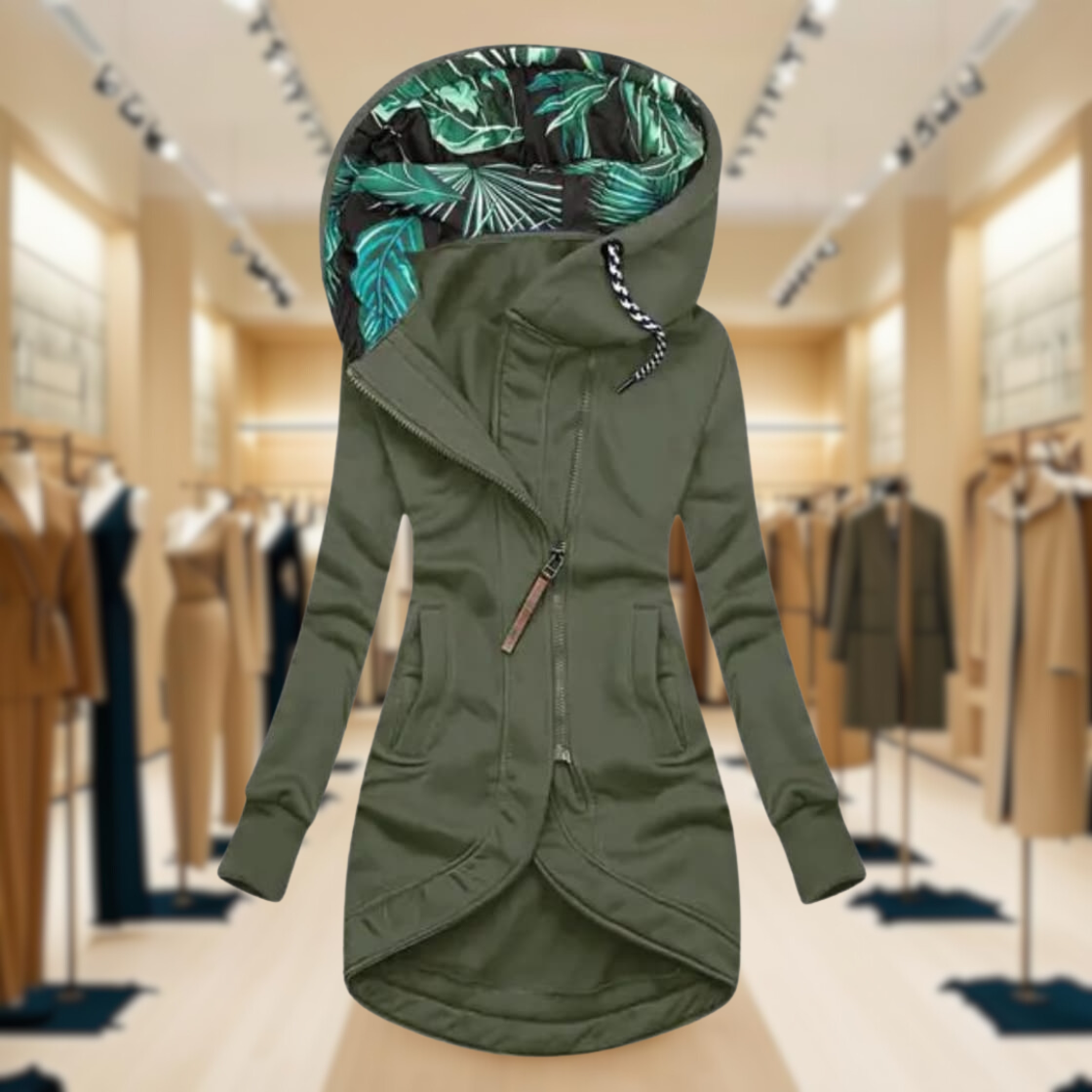 Women's Lightweight Rain Jacket with Hood and Asymmetric Zip