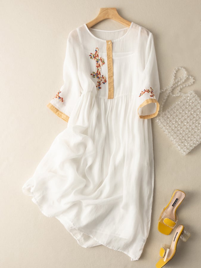 Zara Women's Dress – Cotton & Linen with Embroidery