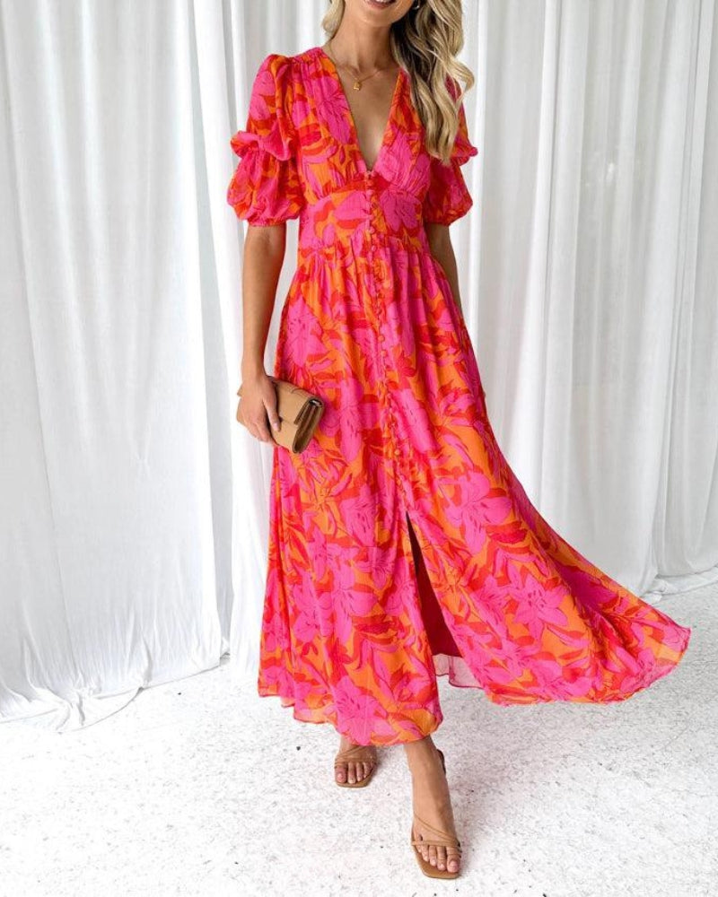 Chic Maxi Dress with V-Neck and Flutter Sleeves Laluna®
