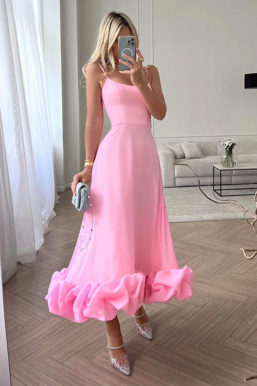 Women's Spaghetti Strap Maxi Dress with Flared Skirt and Ruffle Hem