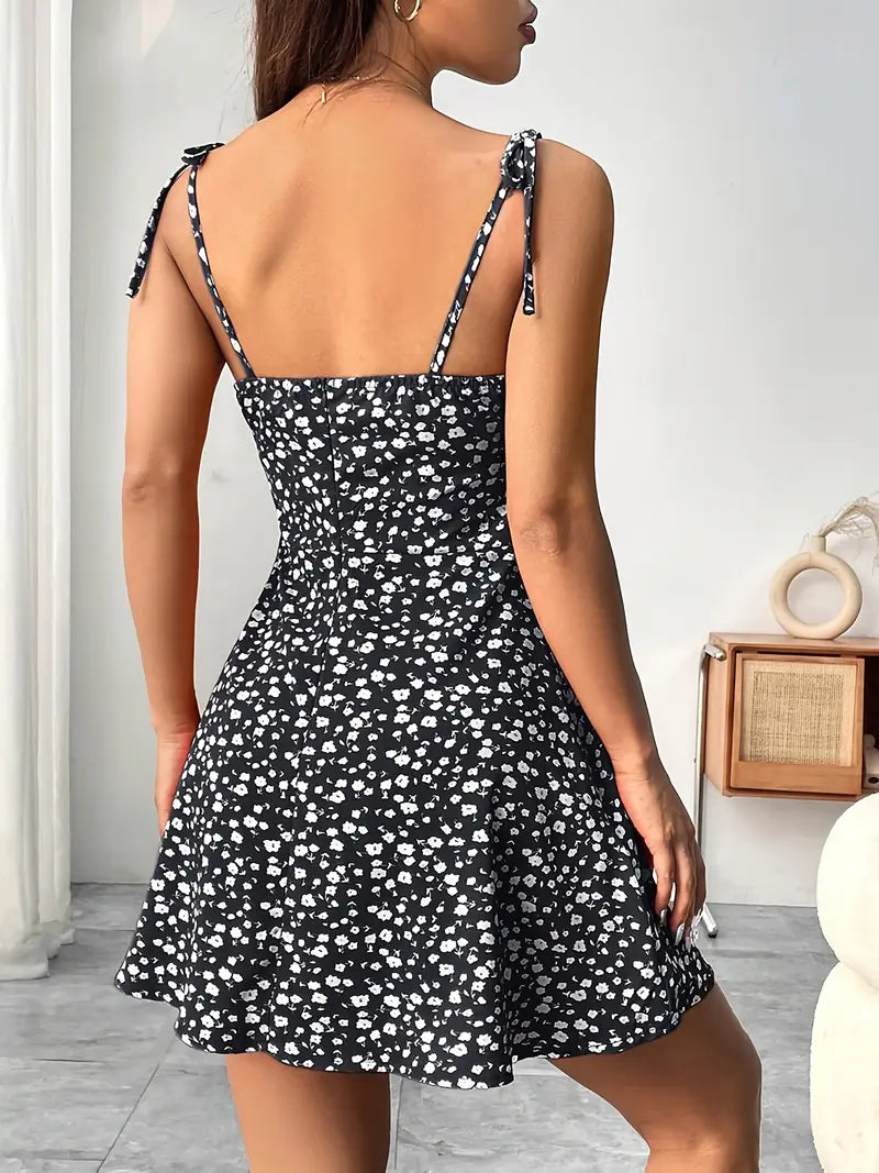 Women's Mini Dress with Floral Print and Tie Straps