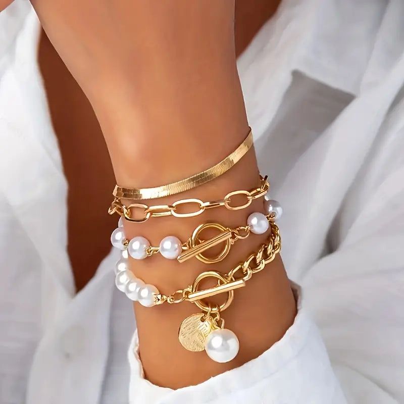 Chic Gold Bracelet Set of 4 – Snake, Beads and Links | Gold
