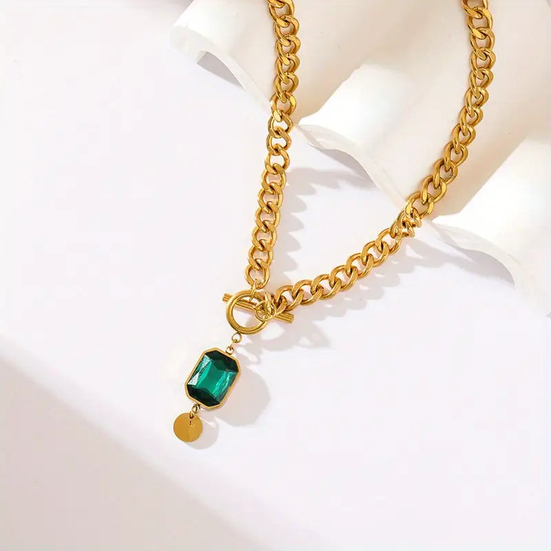 Thick Chain Pendant Necklace with Emerald | Gold