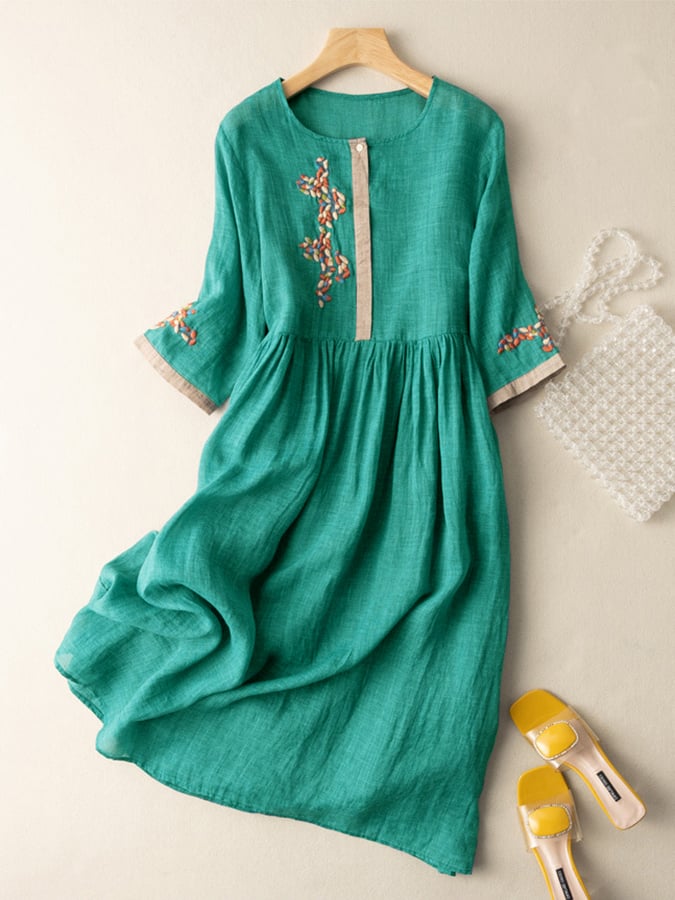 Zara Women's Dress – Cotton & Linen with Embroidery