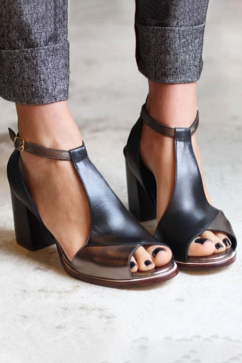 Isadora - Black Patchwork Peep Toe Heels