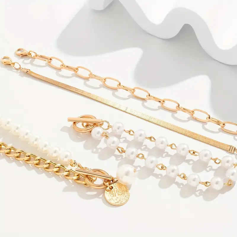 Chic Gold Bracelet Set of 4 – Snake, Beads and Links | Gold