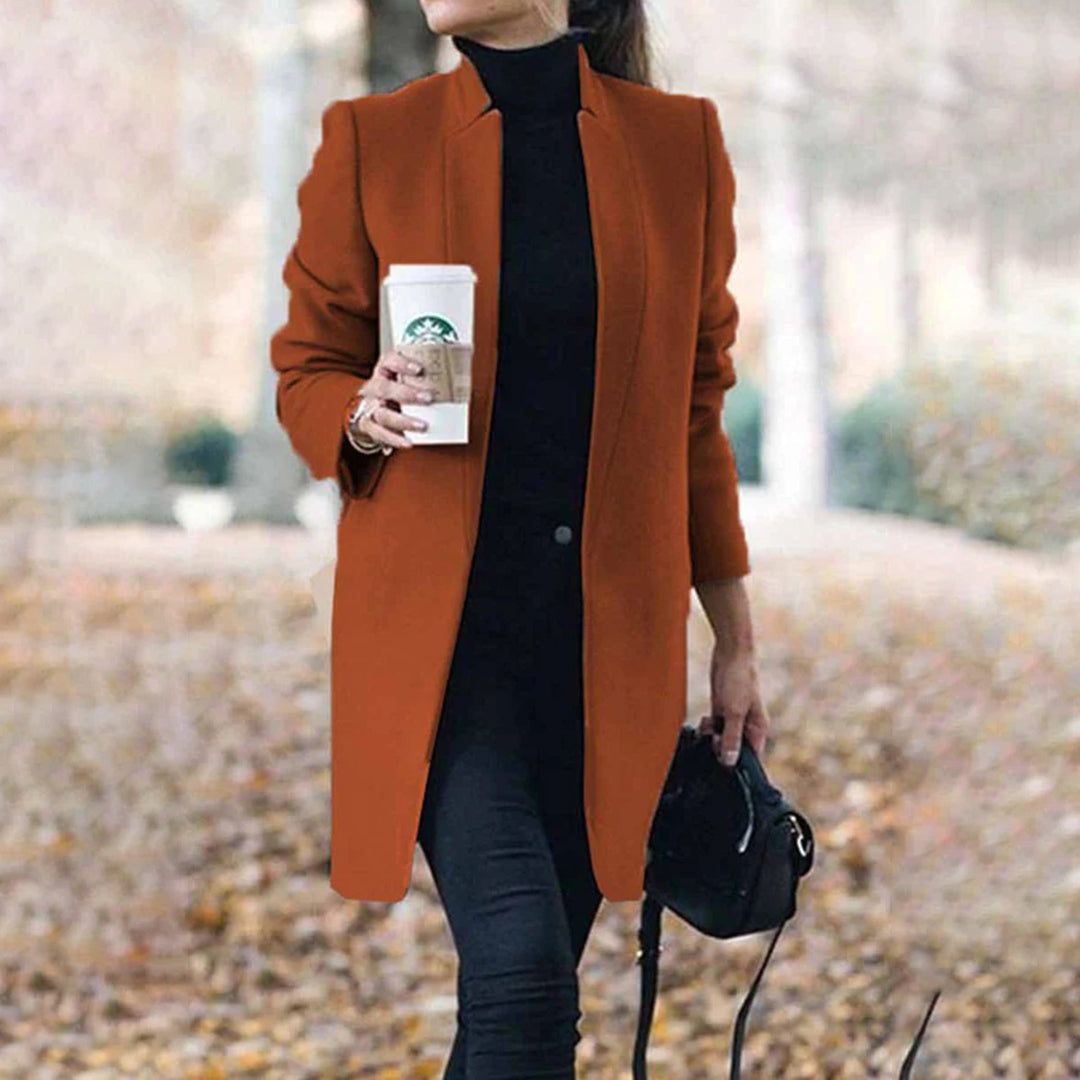 Women's Long Wool Trench Coat with Stand Collar and Sleek Fit