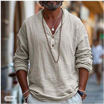 Men’s Long Sleeve Casual Shirt with Relaxed Fit and Button Neckline