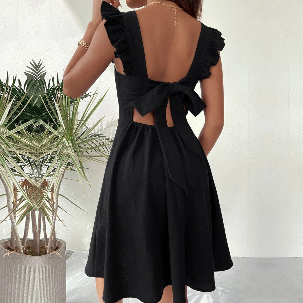 Women's Fit and Flare Dress with Ruffle Straps and Square Neckline